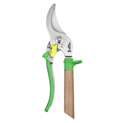Gardening pruner with green handle and wooden shaft on a white background