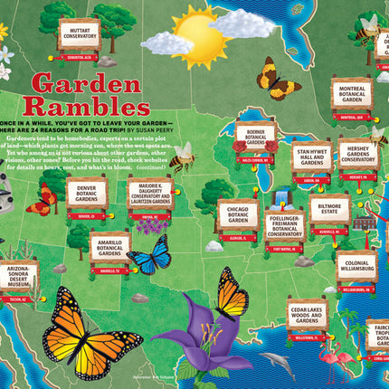 an illustrated map of North America with signs showing prominent botanic gardens