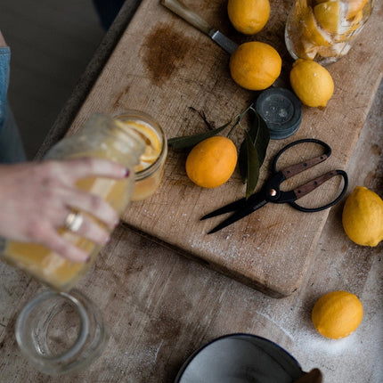 a rustic kitchen counter spread featuring the garden scissors amongst lemons and other tools with someone pouring lemon juice into a glass