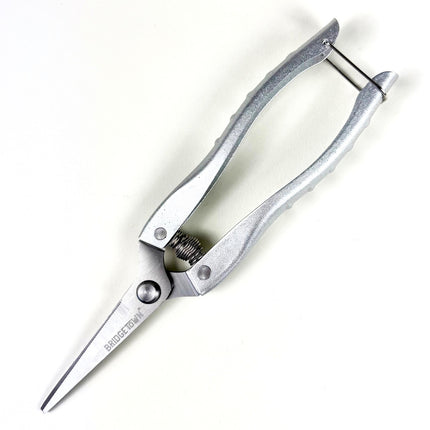 Pair of silver garden snips on a white background