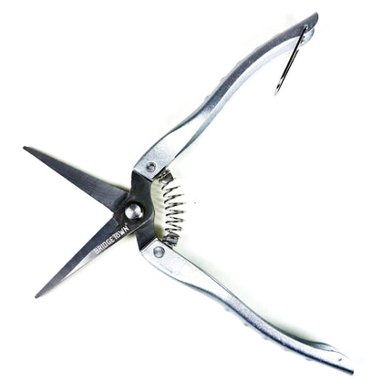 Pair of silver garden snips with a white background