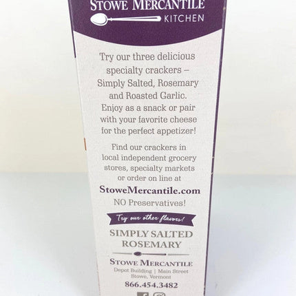 Stowe Mercantile Kitchen Roasted Garlic Crackers side of box with brand story