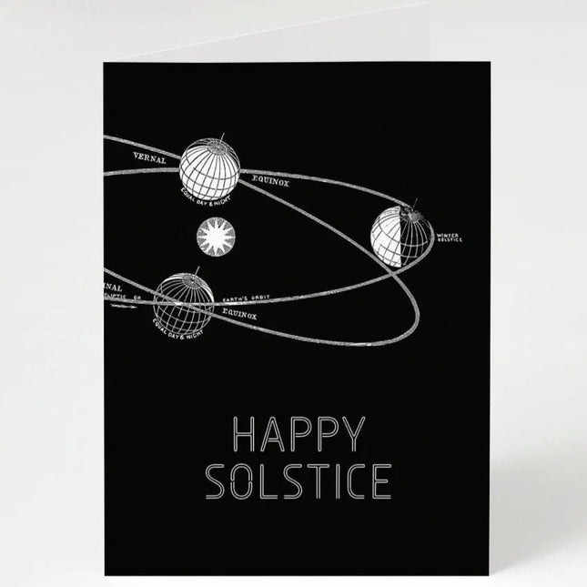 a black astronomy themed greeting card that reads "happy solstice" that shows the earth's rotation around the sun marking where in its rotation the equinox and solistice are
