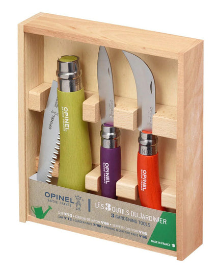 the Garden Gift box of 3 colorful garden tools packaged in a gift-ready wooden box