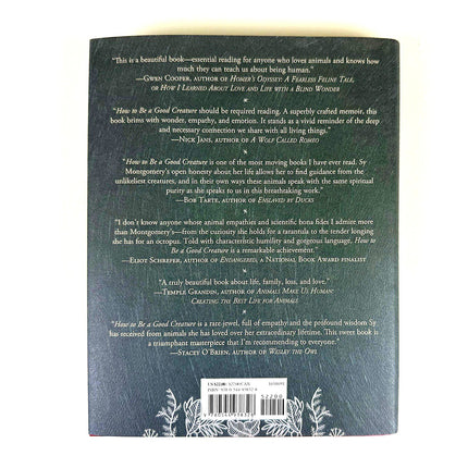 Back cover of a book with text reviews and author quotes on a white background