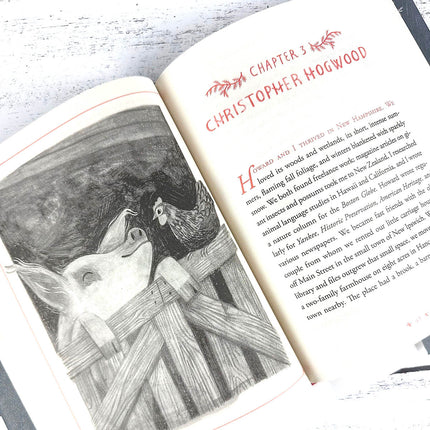 Open book with illustration of a pig and rooster on a wooden fence, and text on a white background.