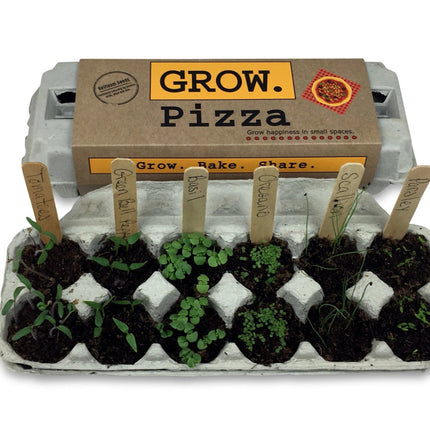 the grow pizza garden kit in action with sprouted seeds in each section of the egg carton package and labeled with the wooden plant ID sticks