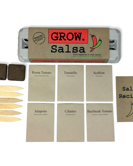 the package and contents of the grow salsa garden kit: seeds, starter soil, wooden plant ID sticks, pencil, salsa recipes, growing instructions