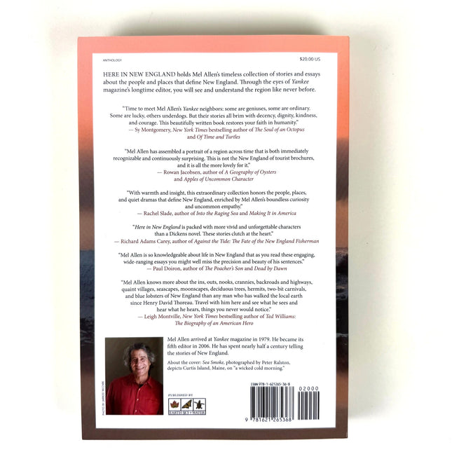 Book back cover with text and a photo of a person on a gradient background