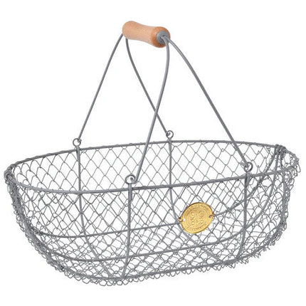 the large harvest basket with gray metal body and wooden handle