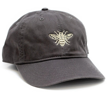 a gray baseball cap with an embroidered honey bee design 