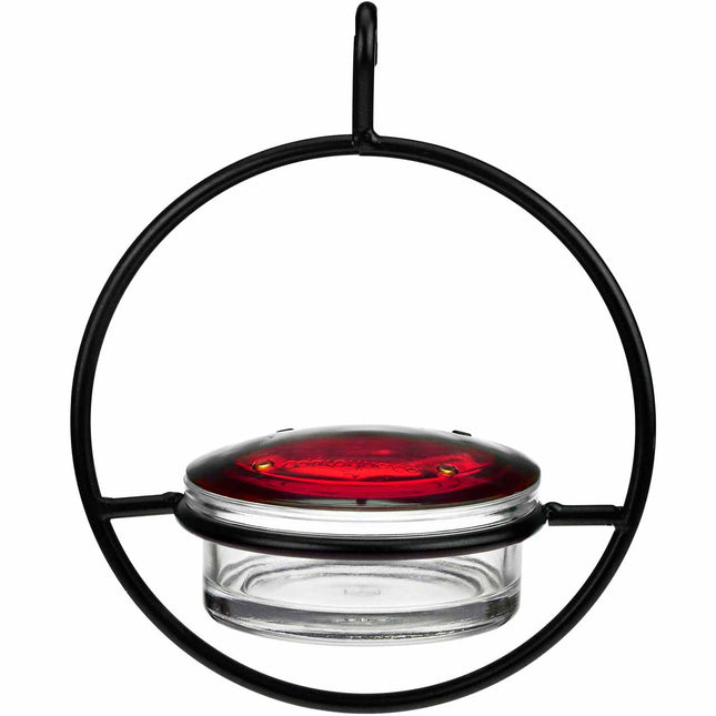 Hummingbird feeder with red top and clear base on a white background