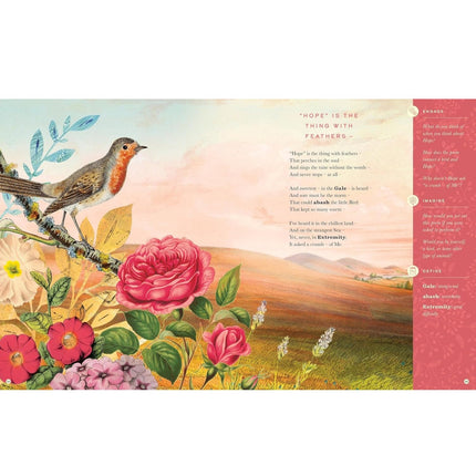 Illustration of a robin and flowers with text on a landscape background alongside Dickinson's poem, "'Hope' is the Thing with Feathers", and a margin with text of notes about the poem