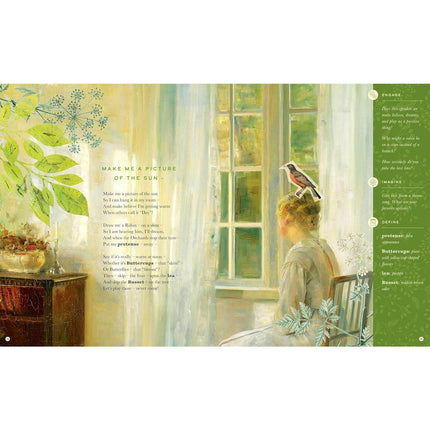 Illustration of a person sitting by a window with a bird on their head, surrounded by nature-themed elements alongside Dickinson's poem, "Make Me a Picture of the Sun" and a margin with text of notes about the poem