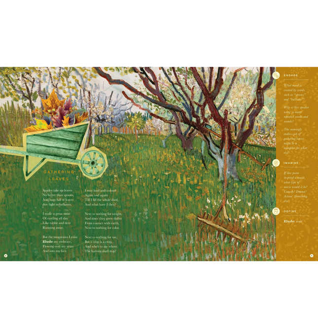 Illustration of a garden scene with a wheelbarrow and tree, featuring text on a white background alongside Frost's poem "Gathering Leaves" there is a margin at the side of the page with further notes about the poem