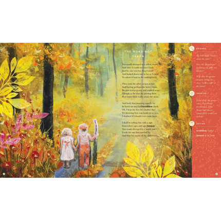 Illustration of two children walking through a colorful forest with text overlay of Frost's poem "The Road Not Taken" with a margin of notes about the poem along the edge of the page
