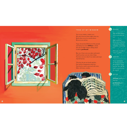 Illustration of a couple in bed near an open window with red leaves, on an orange background with the poem "Tree at My Window"