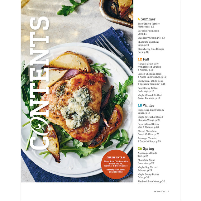 In-Season cookbook table of contents. Features a roasted chicken dish on a plate, surrounded by the names of New England recipes.