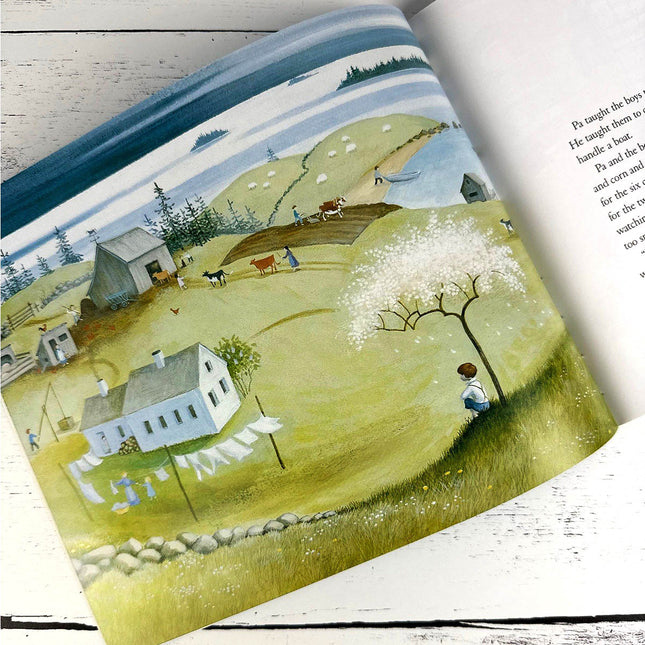 Illustrated book cover with a pastoral scene featuring a house, trees, and people.