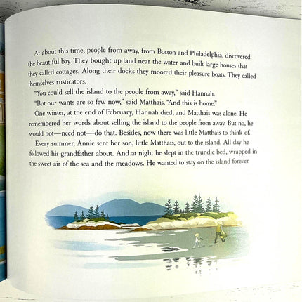 Book page with text and a illustration of a coastal scene.