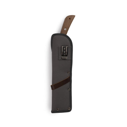 the japanese nata hatchet stored in its sheath showing the reverse side of the sheath that can attach to a belt