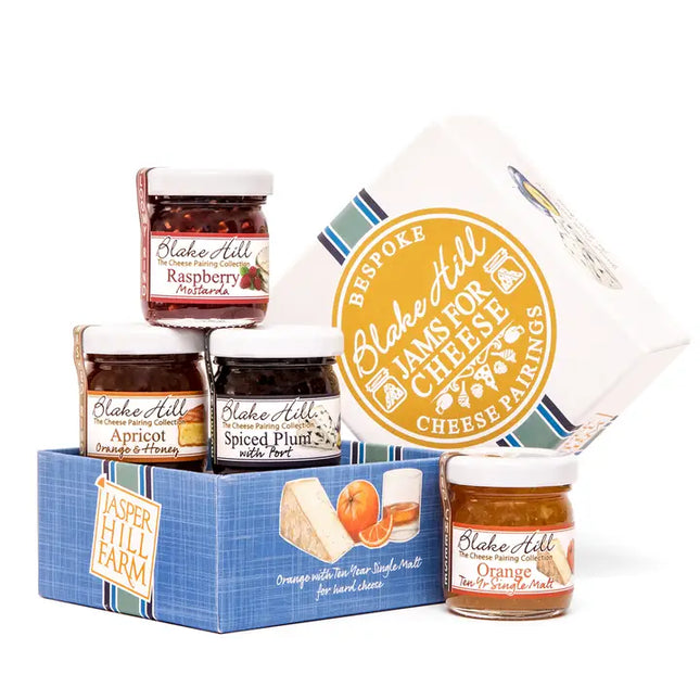 Collection of Blake Hill Farm jams with a branded logo on a white background