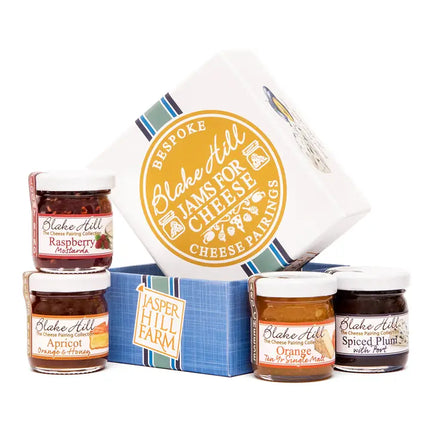Collection of Blake Hill Farm jams with a branded box on a white background