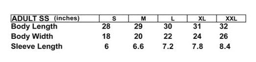 Measurement chart for adult sizes in inches with body length, width, and sleeve length listed.