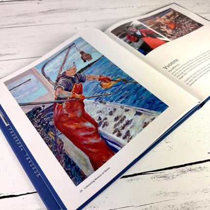 interior page of Lobstering Women featuring the painting of Yvonne at work on her lobster boat