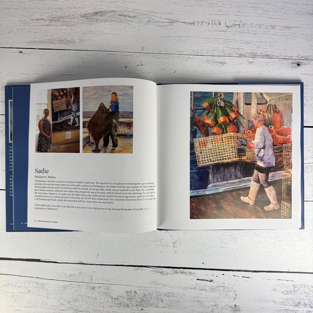interior page spread of Lobstering Women featuring painting and photos of "Sadie" as she handles lobster traps