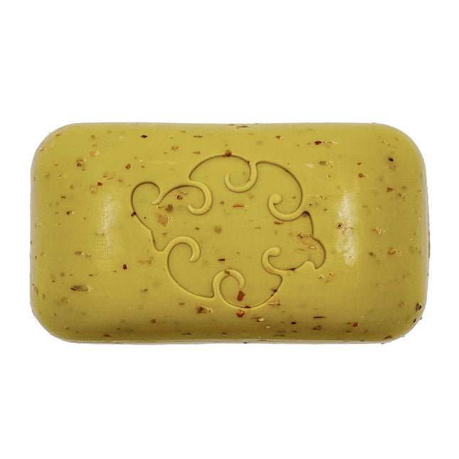 a close up of the Sea Loofa soap showing the kelp green color of the soap bar and the texture of the exfoliating seaweed throughout