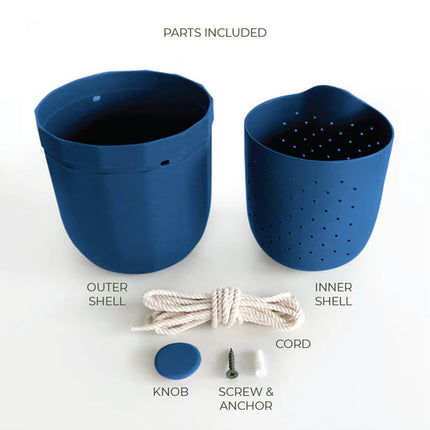 the indigo loop planter and all of its parts and pieces: outer shell, inner shell, knob for the wall, screw and anchor, and hanging cord