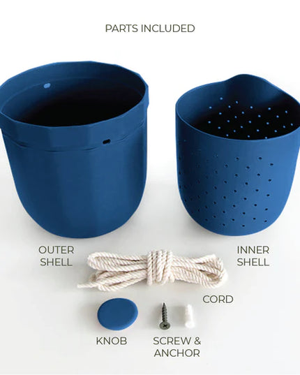 the indigo loop planter and all of its parts and pieces: outer shell, inner shell, knob for the wall, screw and anchor, and hanging cord