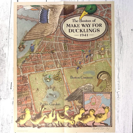 Illustrated map of Boston with ducks and ducklings, featuring 'Make Way for Ducklings' text.