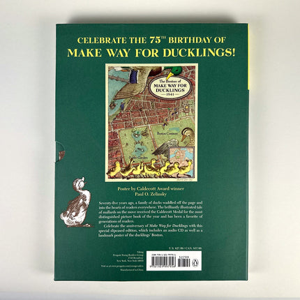 Book cover celebrating the 75th birthday of 'Make Way for Ducklings' with illustrations and text.