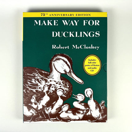 Book cover of 'Make Way for Ducklings' by Robert McCloskey with a green background and duck illustration.