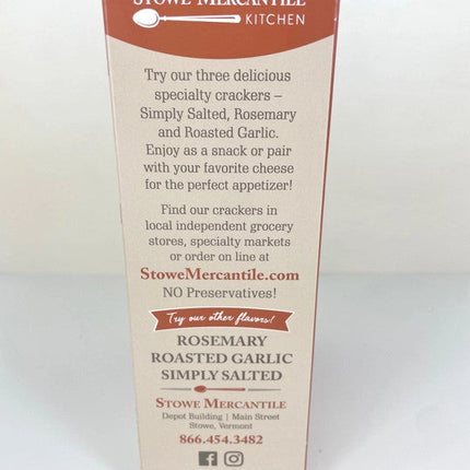 Stowe Mercantile Kitchen Salted Maple Crackers side of box with brand story