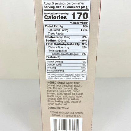 Stowe Mercantile Kitchen Salted Maple Crackers side of box with nutrition and ingredients