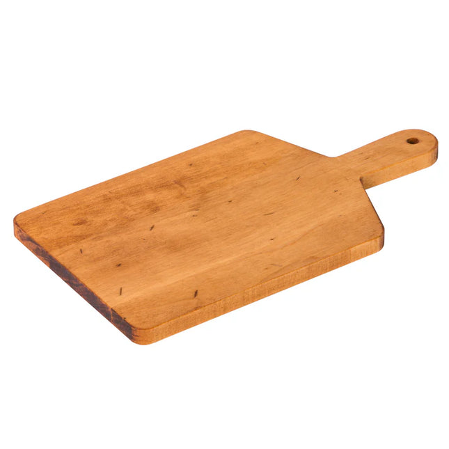 Wooden cutting board with a handle on a white background