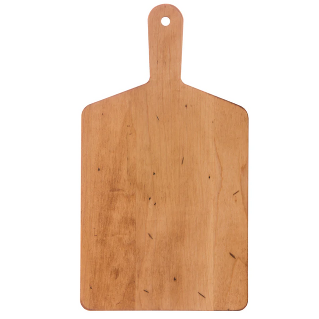 Wooden cutting board with a handle on a white background