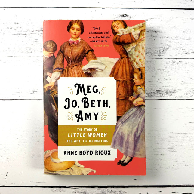 Book cover of 'Meg, Jo, Beth, Amy' by Anne Boyd Rioux on a wooden surface