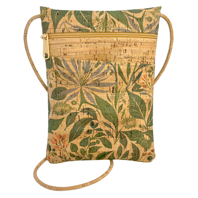 Cork bag with lush botanical pattern on a white background
