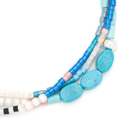 close up of the turquoise beads on the bracelet on a white background