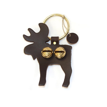 a door hanger bell in dark brown leather stamped in the shape of a moose in profile - includes 2 brass bells in the body and a brass loop for hanging on a door