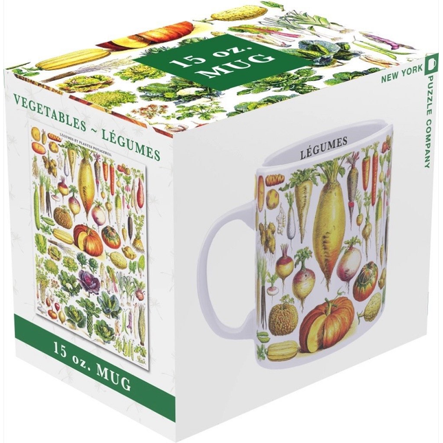a white gift box that contains the vegetables mug - the box is adorned with the vegetables design and a picture of the mug itself