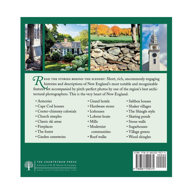 Bookback with text and images of New England landscapes and architecture.