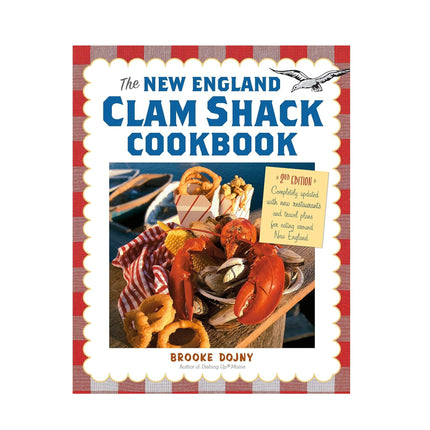 Book cover of 'The New England Clam Shack Cookbook' with seafood imagery and red checkered border.