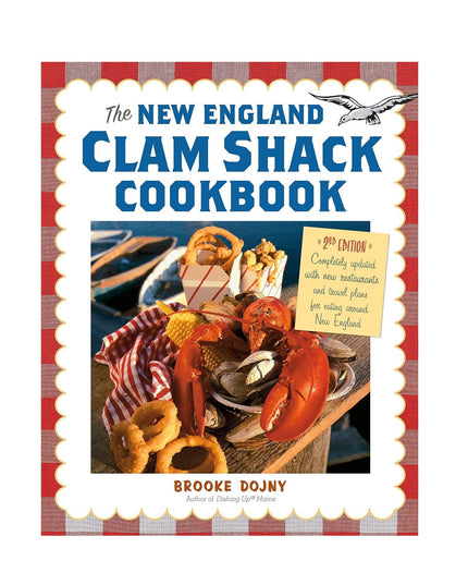 Book cover of 'The New England Clam Shack Cookbook' with seafood imagery and red checkered border.