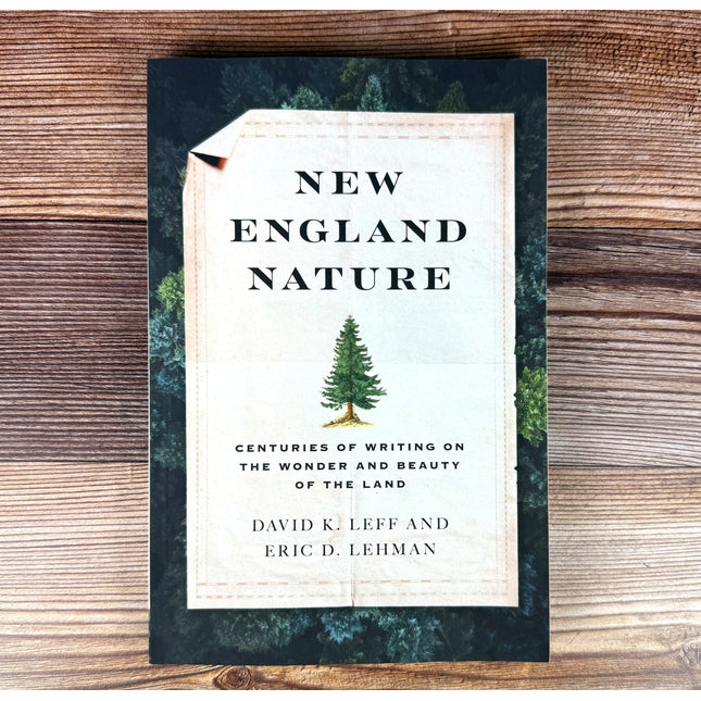 the book "New England Nature" lying against a rustic wood background