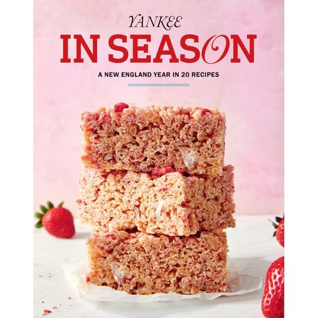 New England-based Cookbook cover with strawberry shortcake bars and strawberries on a pink background